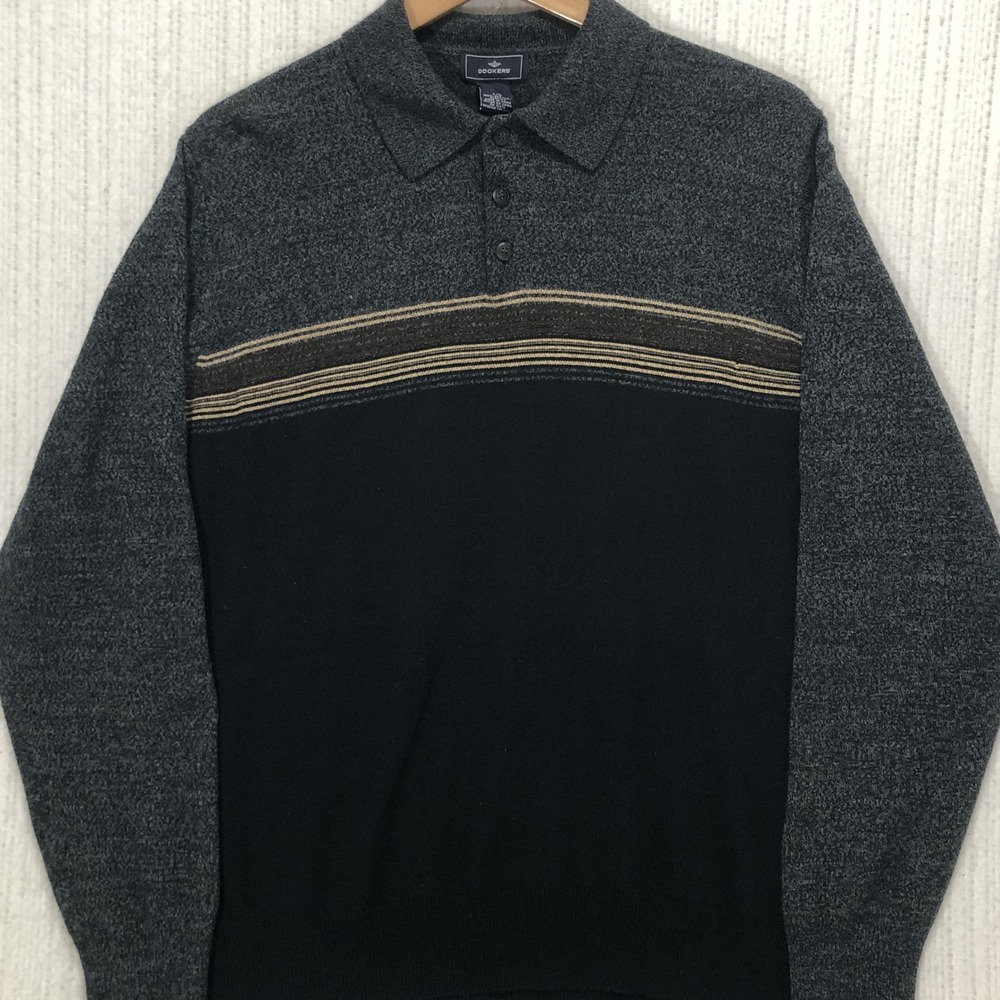 Dockers Mens Large Long Sleeve Polo Sweater Gray Black Striped Knit Pullover